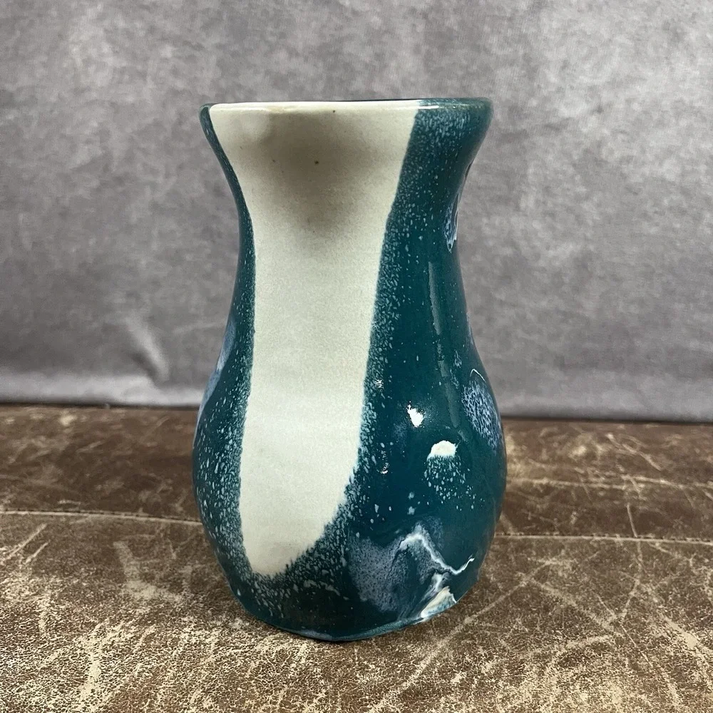 AMD Artisan Pottery Vase Small Teal Blue White Drip Glaze Coastal Decor Coastal